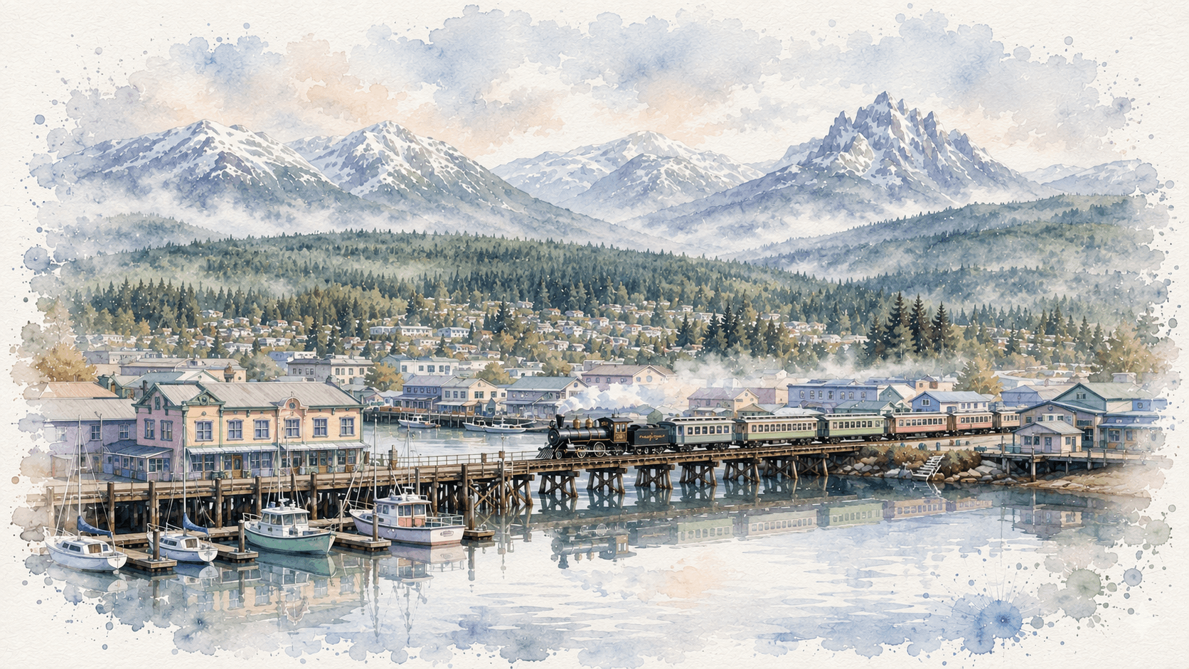 Watercolour painting of Port Alberni harbour with the Beaufort Range beyond