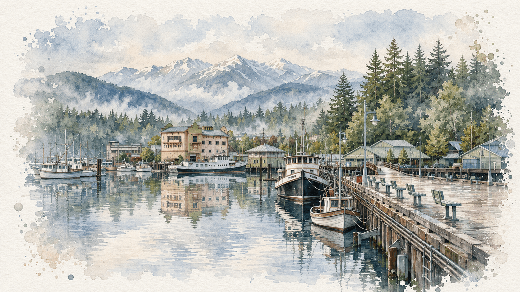 Watercolour view of Port Alberni harbour with mountains beyond