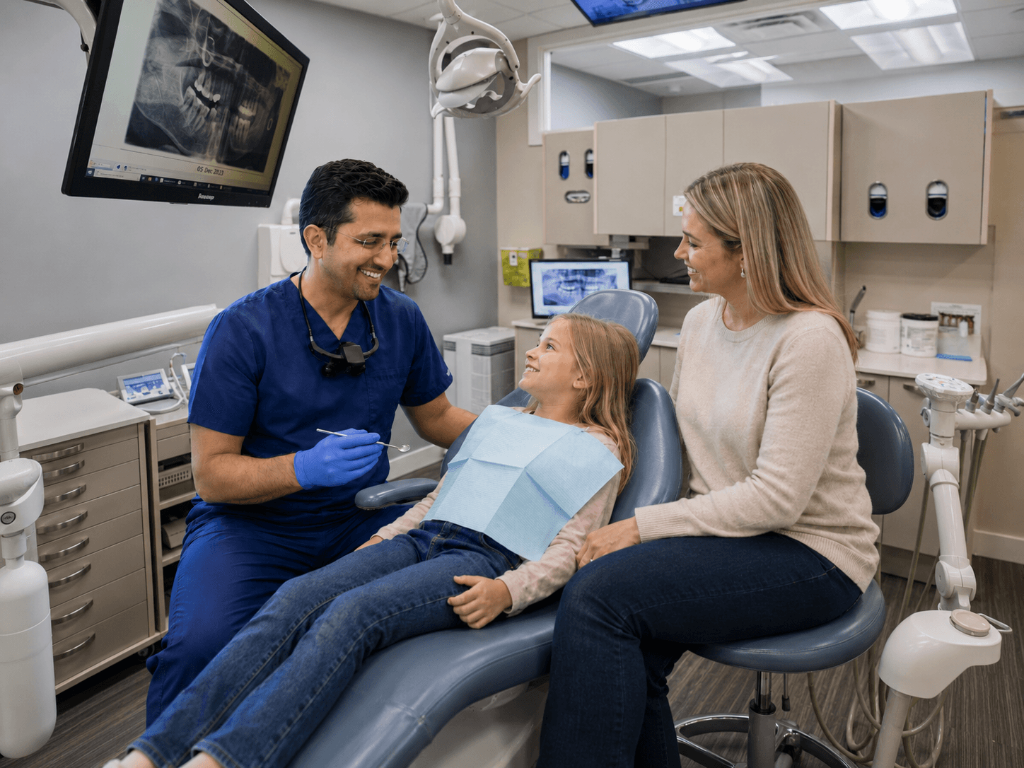 Dr. Gaurav welcoming a young patient and her parent